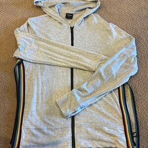 Terez Women’s Grey Zip-up Hooded Sweatshirt with Rainbow Stitched Side Slits